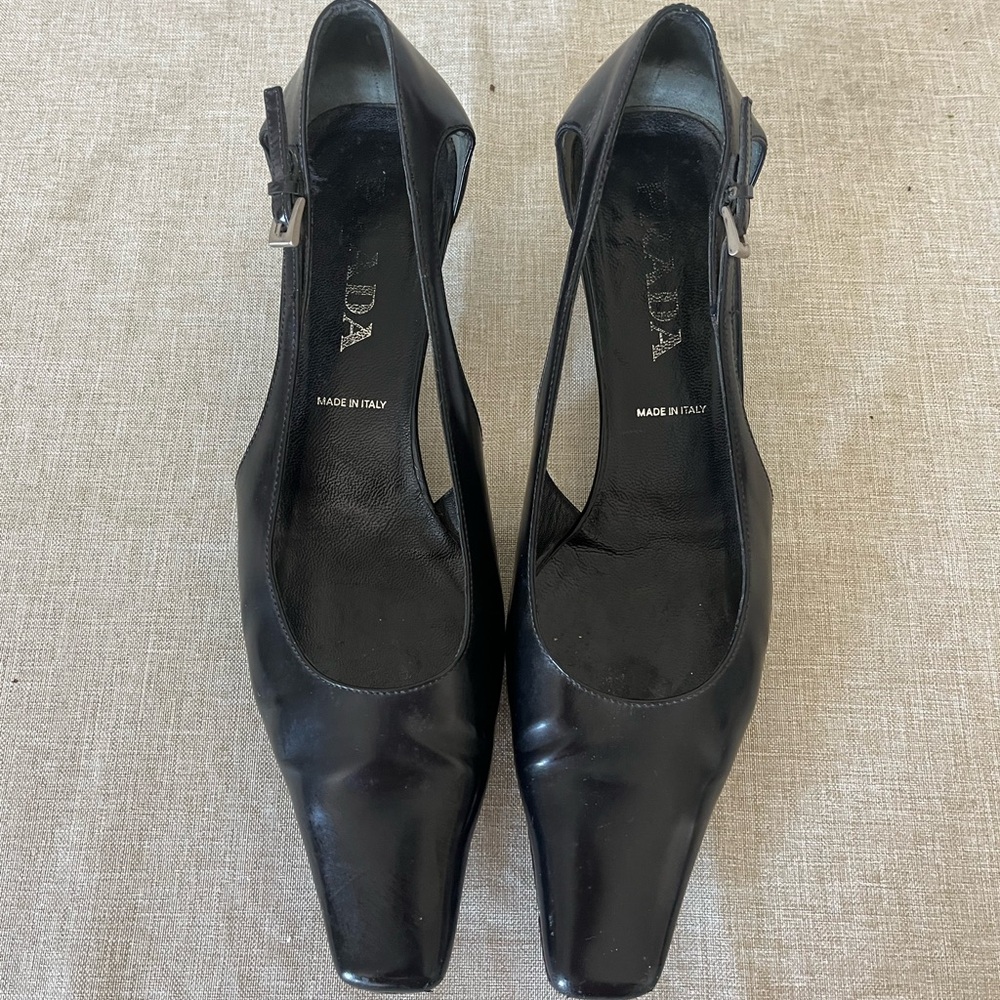 Prada 90s 2000s Black Leather Kitten Heel Sling Back with Ankle Buckle 7.5 US